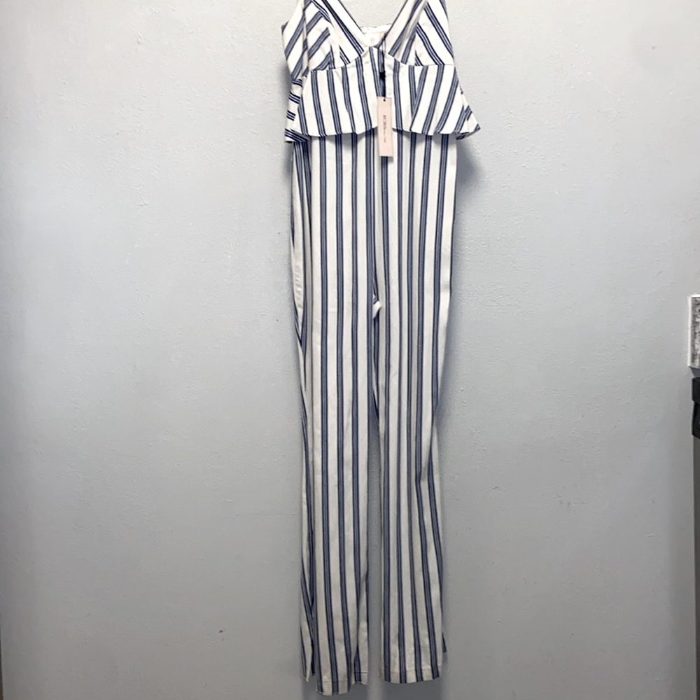 BCBGeneration NWT Blue & White Nautical Peplum Striped Sleeveless Jumpsuit 3512 - Picture 4 of 13